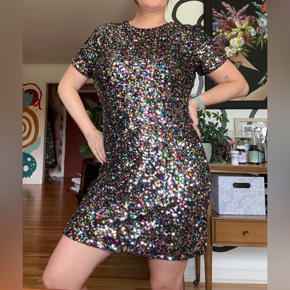 Dress The Population Rainbow Sequin Bodycon Dress. Size M.